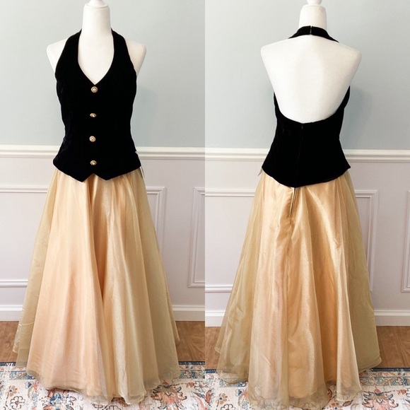 Vintage Dresses & Skirts - NWT80s Retro Victorian Ball Gown Party Dress Two Tone Velvet Gold Glitter Sz 12